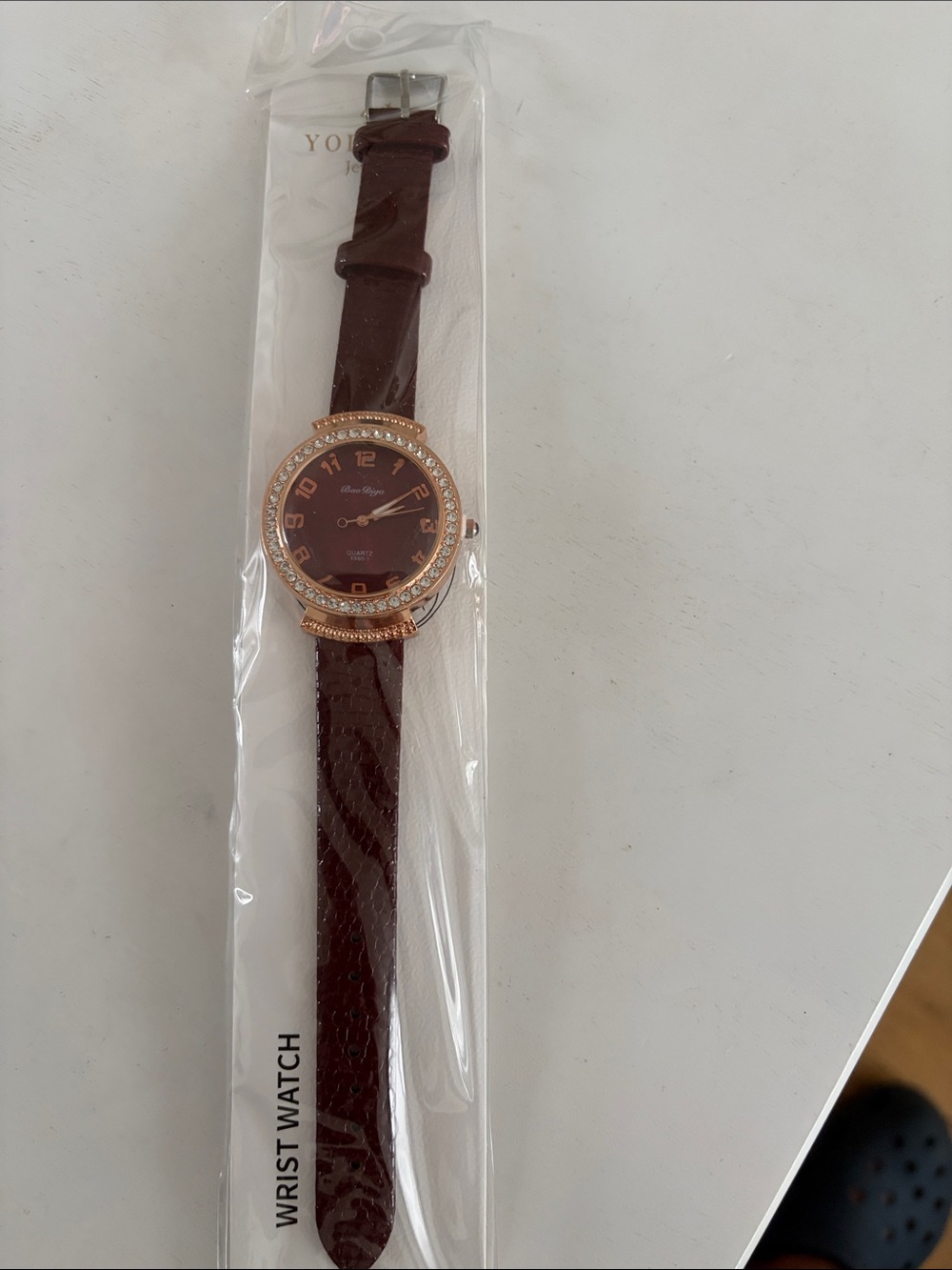 Crystal Bezel Burgundy Leather Strap Watch